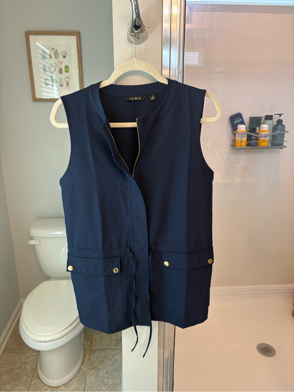 IMAN Global Chic Navy Blue Utility Vest Zip Front Drawstring Waist Small
